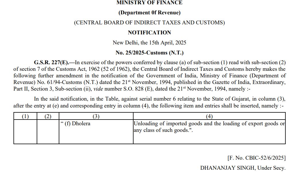Centre Notifies Dholera as Customs Port